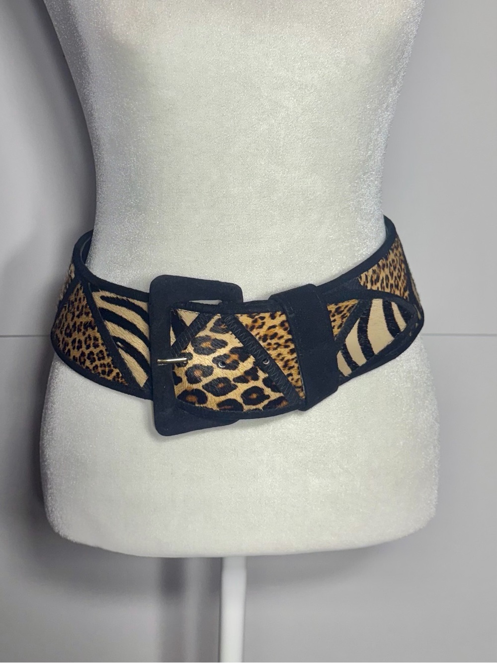 Vintage 80’s Leopard & Zebra Print Black  Suede & Fuzzy Cow Hair Wide Belt